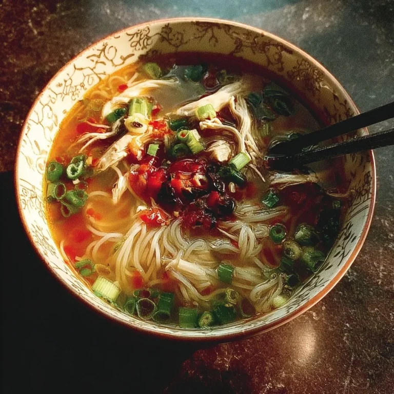Bowl of Chinese-Inspired Chicken Noodle Soup with fresh vegetables and herbs