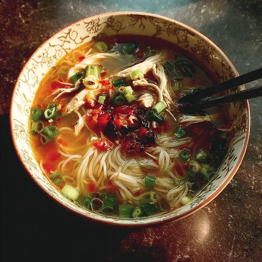 Bowl of Chinese-Inspired Chicken Noodle Soup with fresh vegetables and herbs