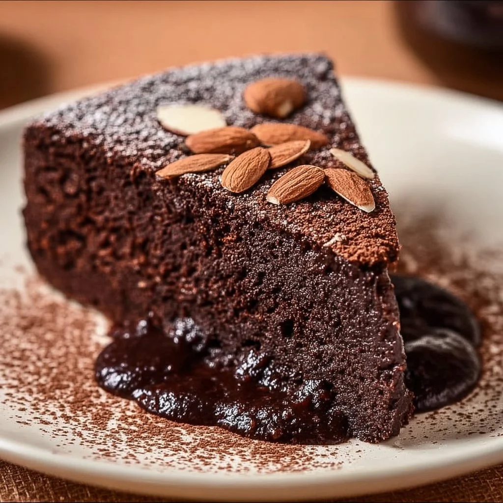 Flourless Chocolate Almond Yogurt Cake on a plate with almonds