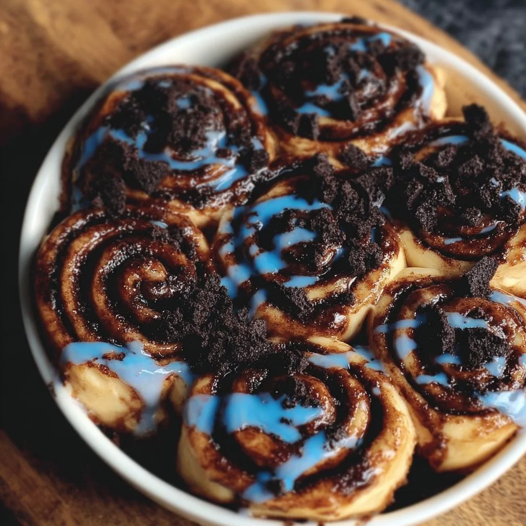 Delicious chocolate cookie cinnamon rolls fresh out of the oven