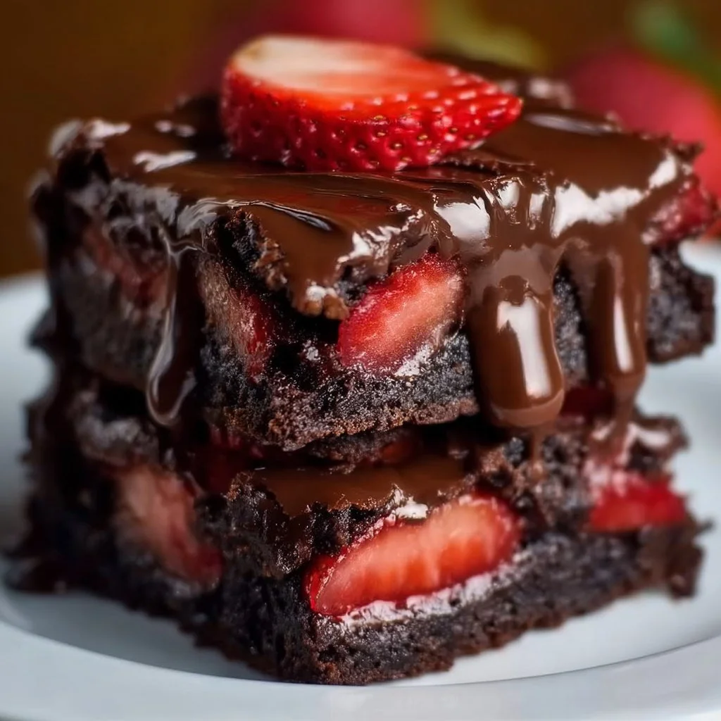 Delicious chocolate covered strawberry brownies on a plate