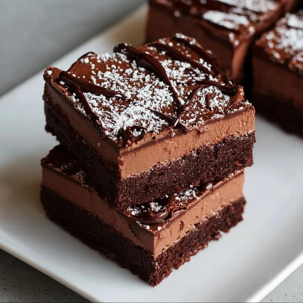 Delicious chocolate mousse brownies topped with creamy chocolate mousse.