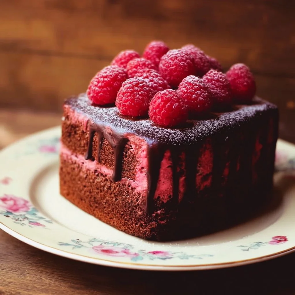 Decadent Chocolate Raspberry Cake topped with fresh raspberries and chocolate ganache