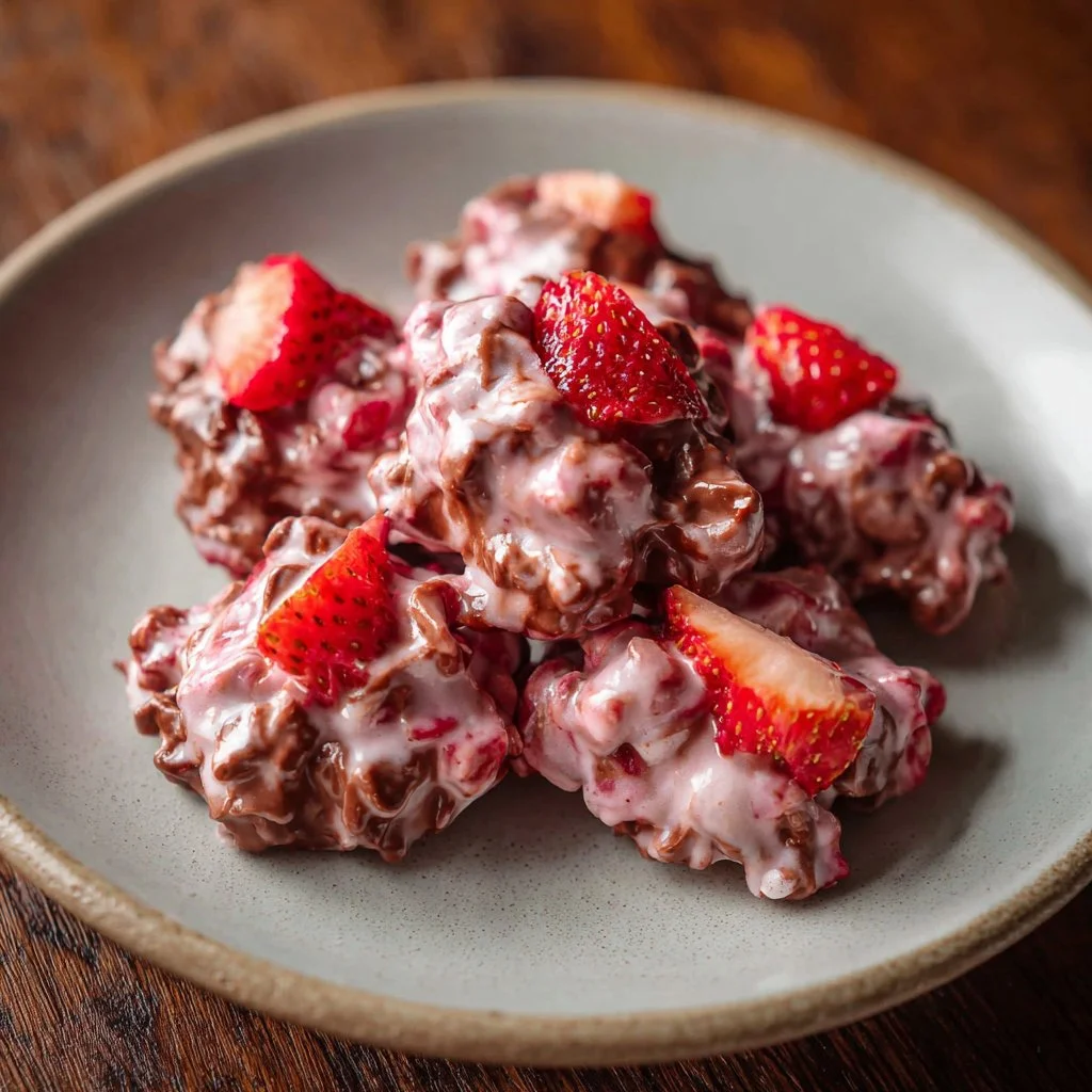 Chocolate strawberry yogurt clusters freshly made and ready to enjoy.