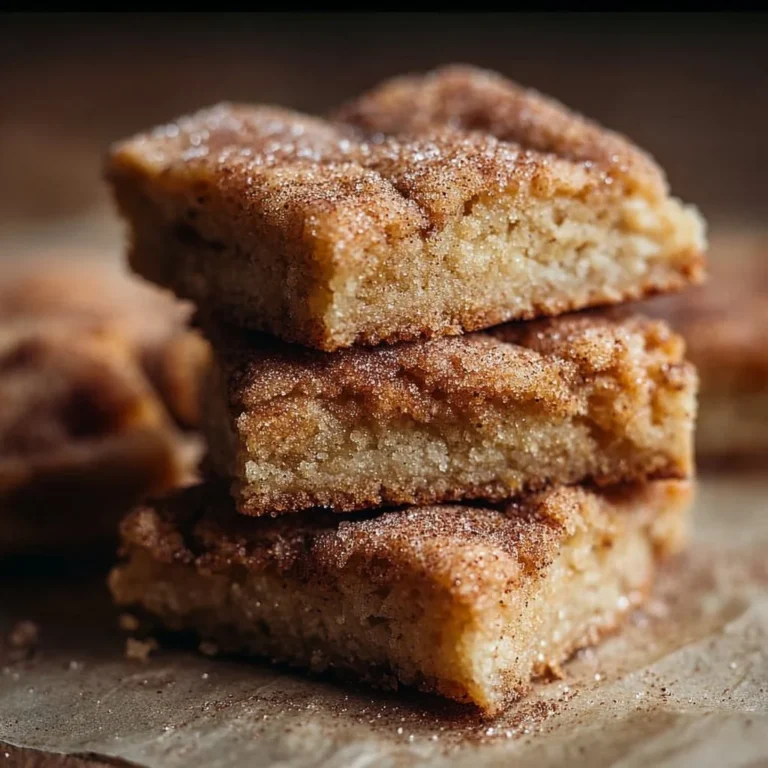 Delicious cinnamon sugar blondies stacked on a plate, drizzled with caramel