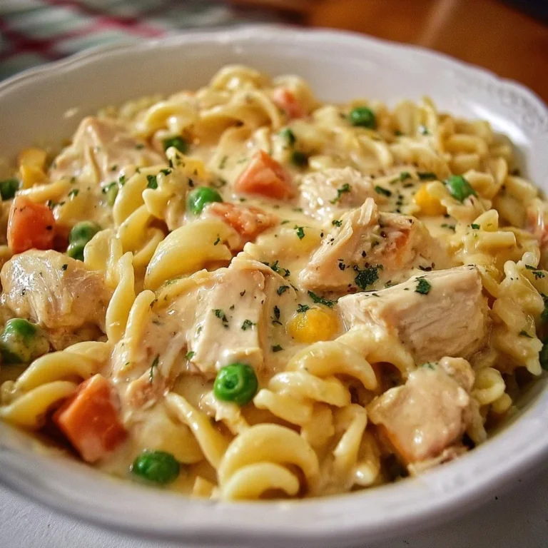 Classic Chicken Pot Pie Pasta dish topped with herbs and creamy sauce