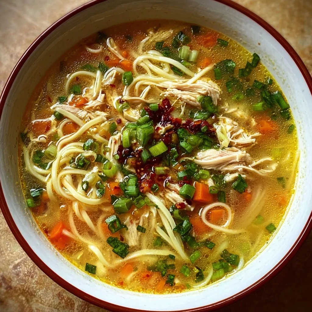 Bowl of classic ginger garlic chicken noodle soup garnished with herbs.