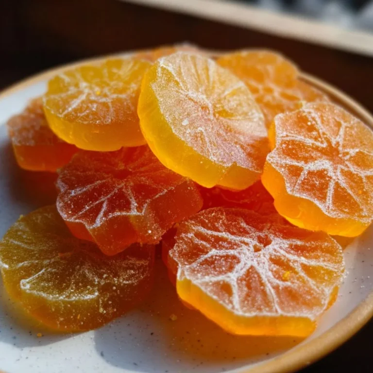 Homemade orange candy on a decorative plate, showcasing its vibrant color and texture.