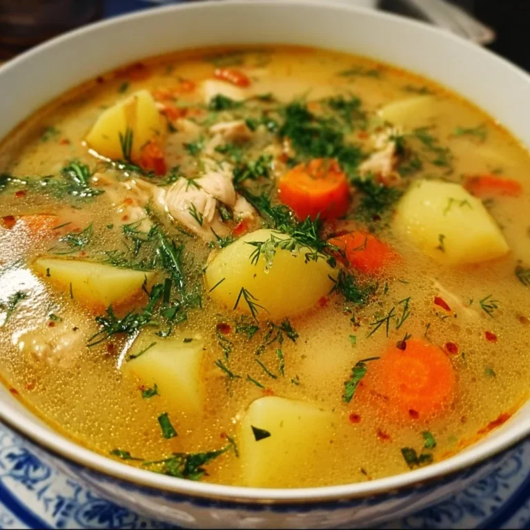 Bowl of comforting chicken soup with potatoes and herbs