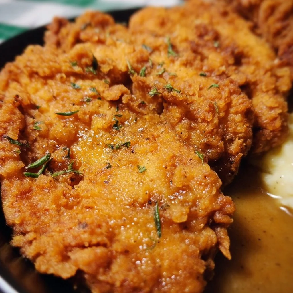 Delicious Country Fried Chicken Breast, golden and crispy in a serving dish.