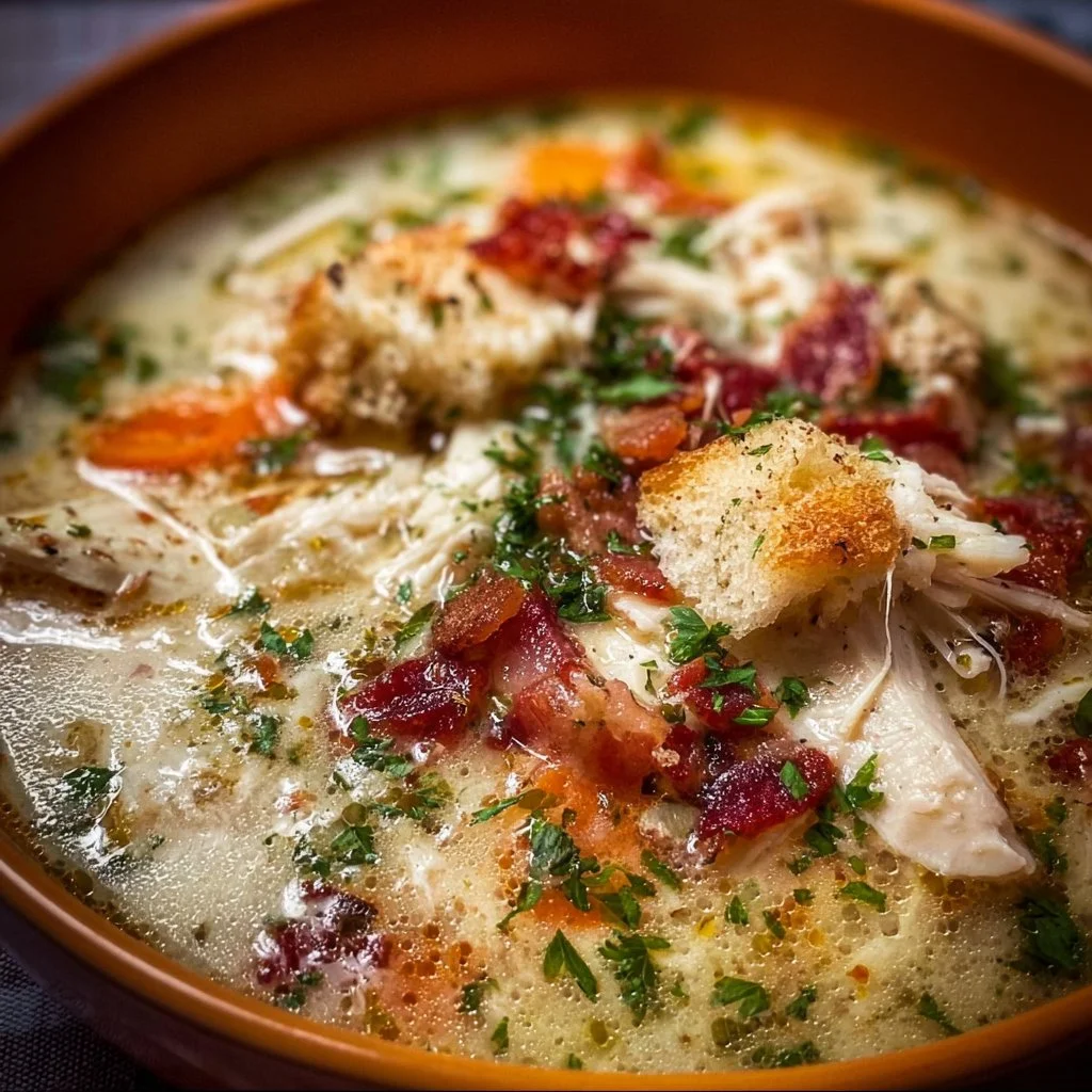 Bowl of creamy Crack Chicken Soup garnished with herbs