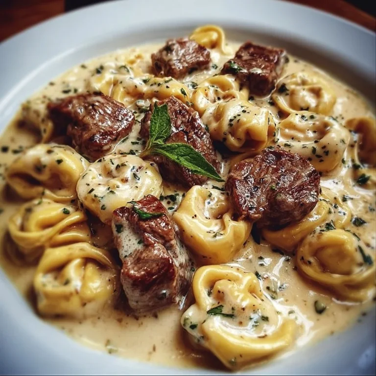 Cracked Garlic Steak Tortellini served in a creamy sauce