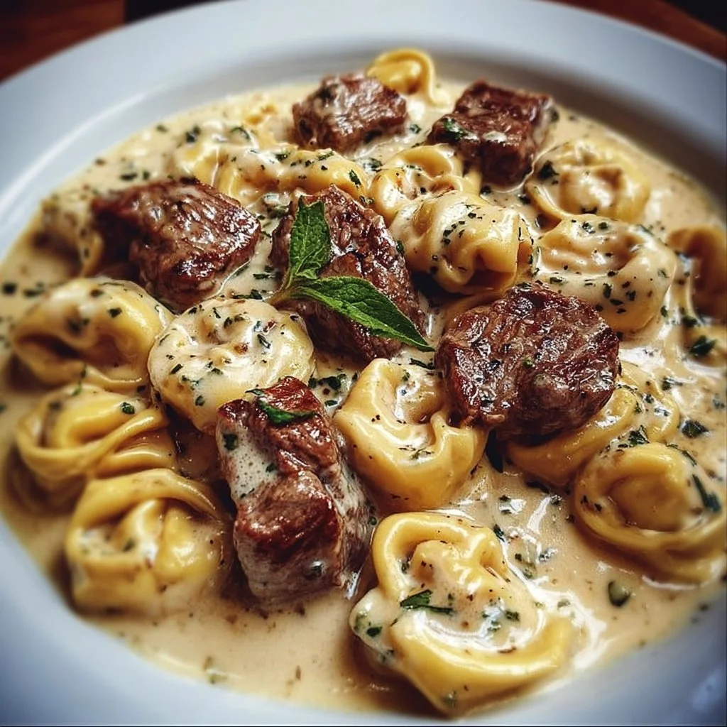 Cracked Garlic Steak Tortellini served in a creamy sauce