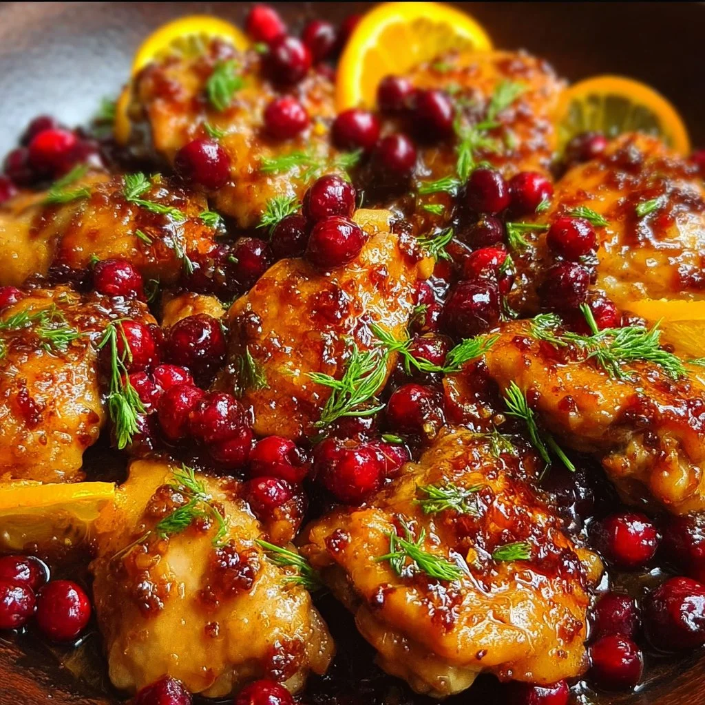 A delicious plate of cranberry orange chicken garnished with fresh herbs