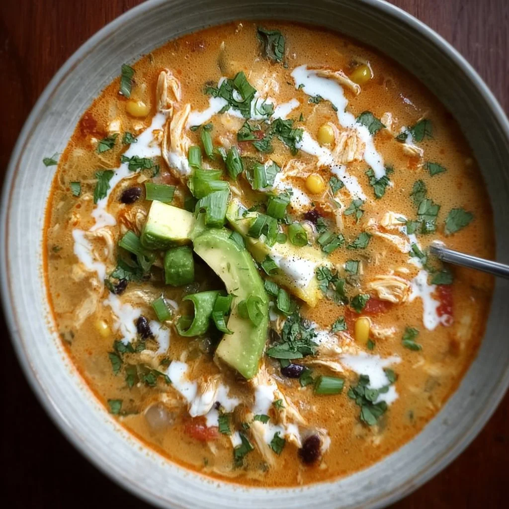 Bowl of creamy chicken enchilada soup garnished with cilantro.