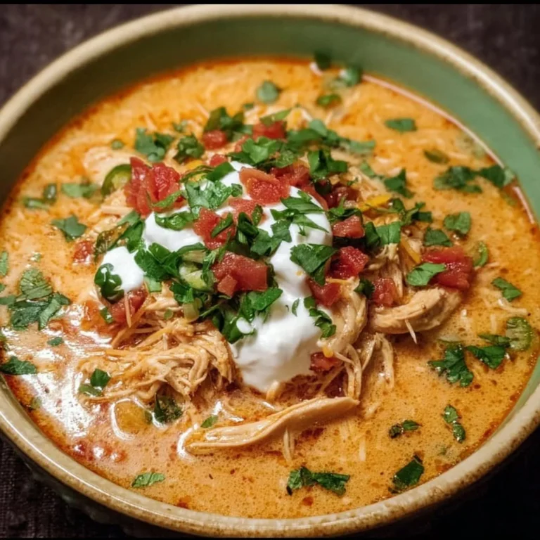 Bowl of creamy chicken enchilada soup garnished with cilantro and cheese