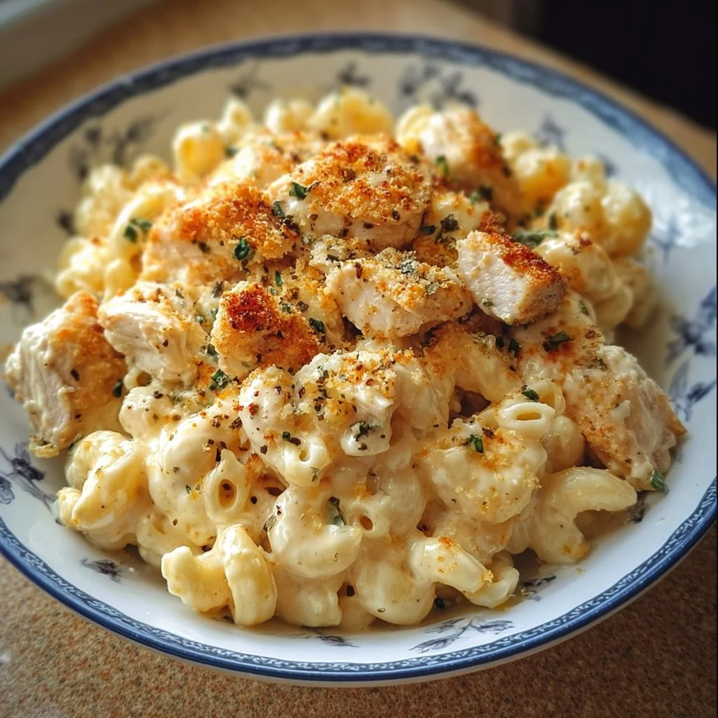 Delicious creamy chicken mac and cheese topped with breadcrumbs.