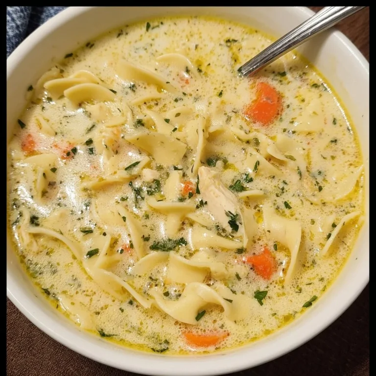 Bowl of creamy chicken noodle soup with fresh herbs and vegetables