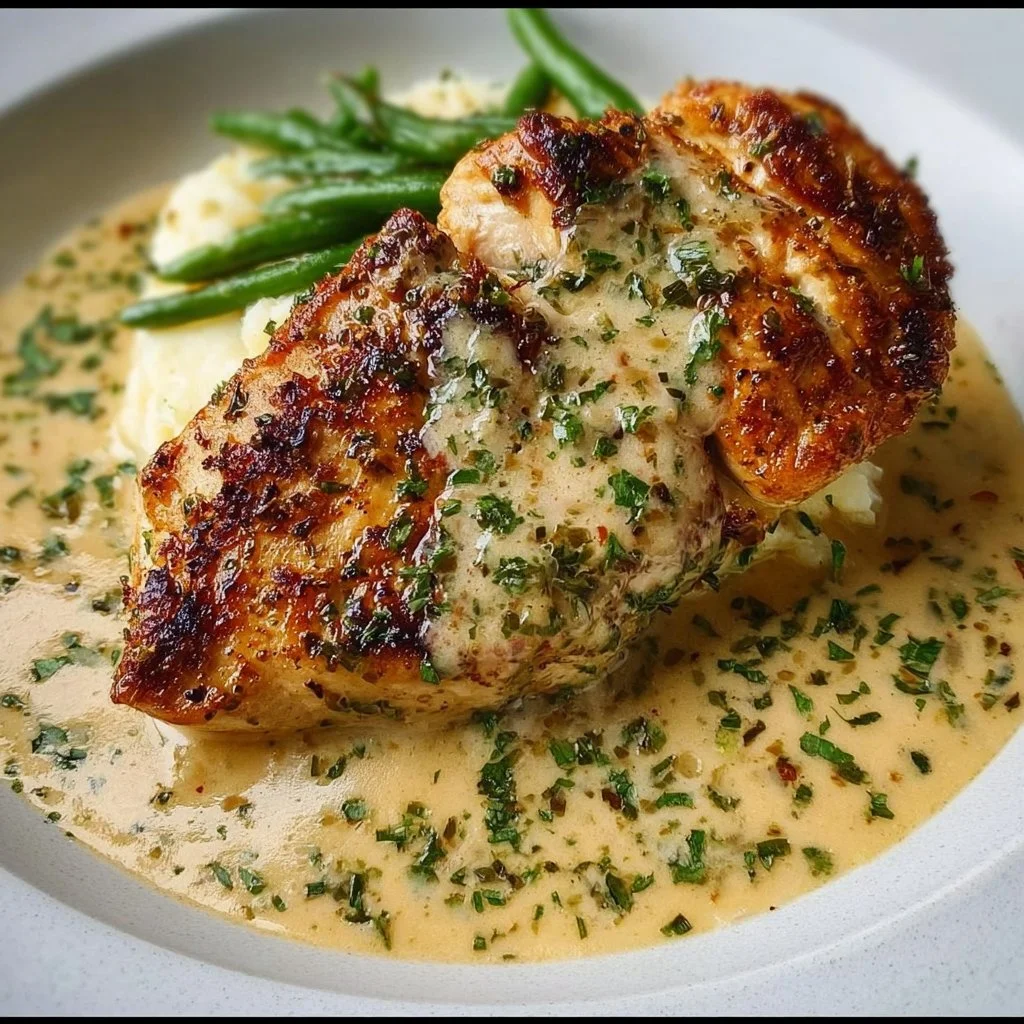 Creamy garlic parmesan chicken breast dish served with herbs and spices