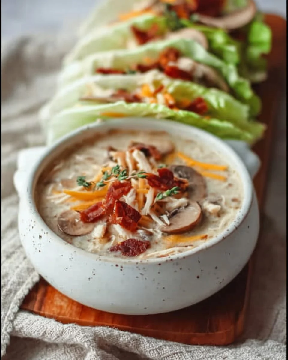 Bowl of creamy Keto Mushroom Soup garnished with herbs and mushrooms