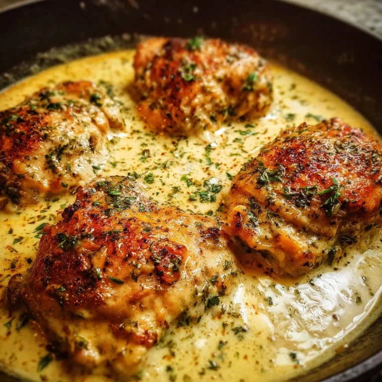 Creamy oven baked chicken thighs served with herbs and spices