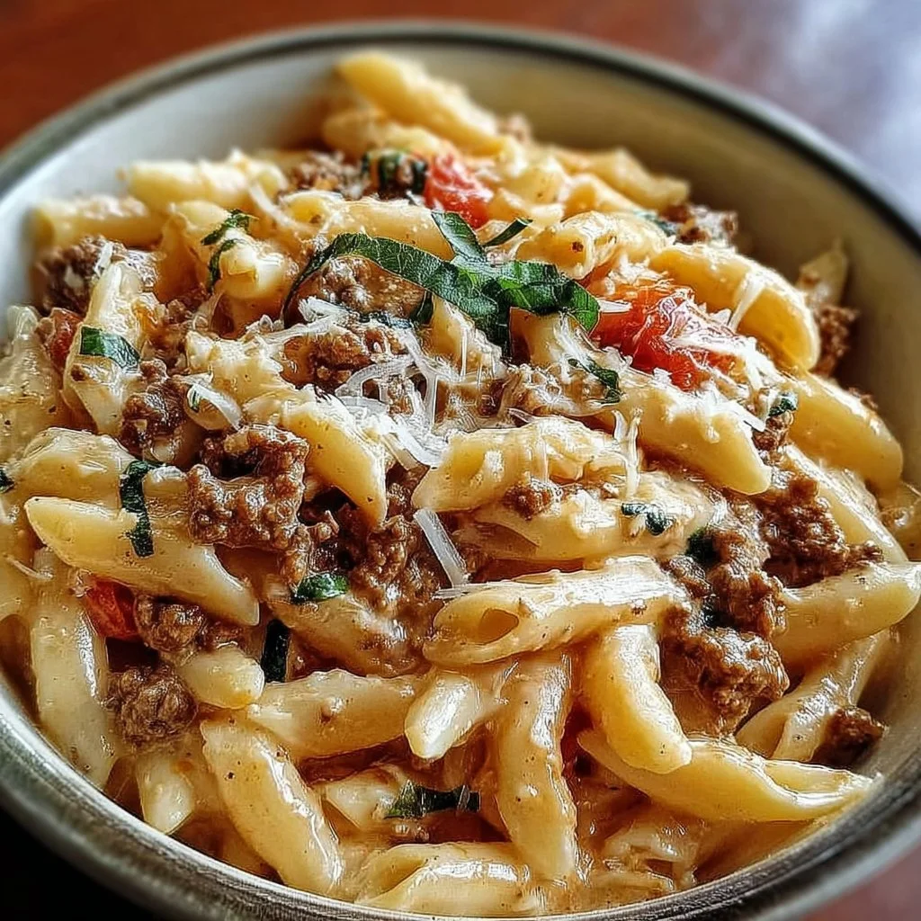 Creamy Rotel pasta with ground beef served in a cozy dinner setting