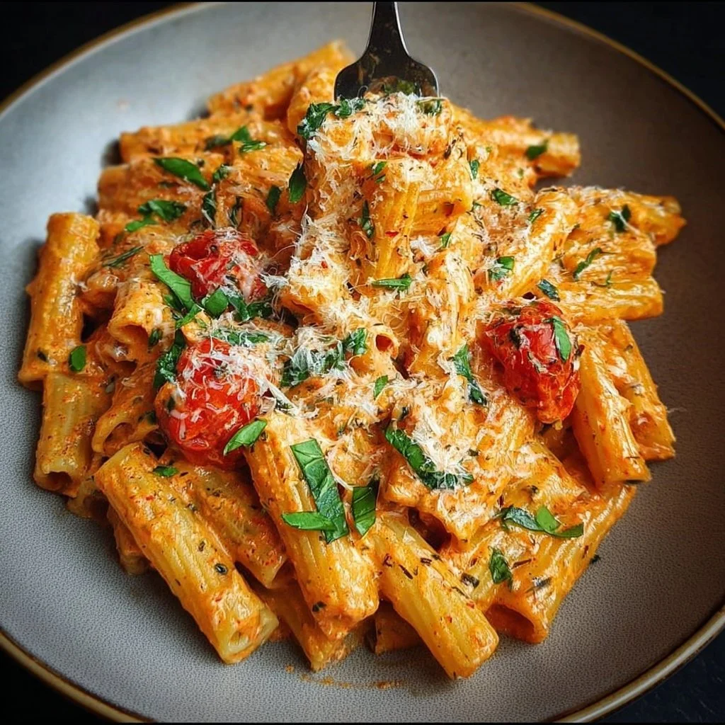 Creamy tomato garlic pasta served in a bowl with fresh basil and parmesan cheese.