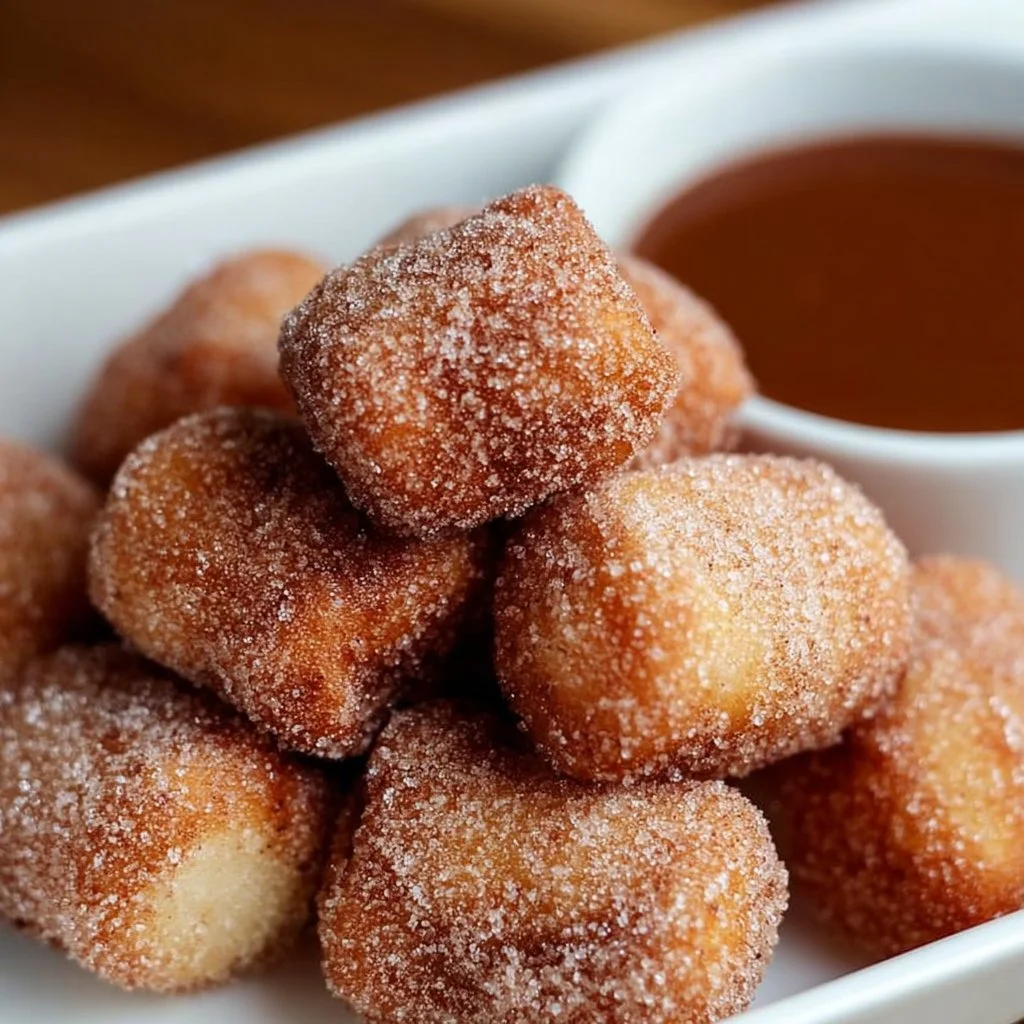 Crispy air fryer churro bites served with chocolate dipping sauce