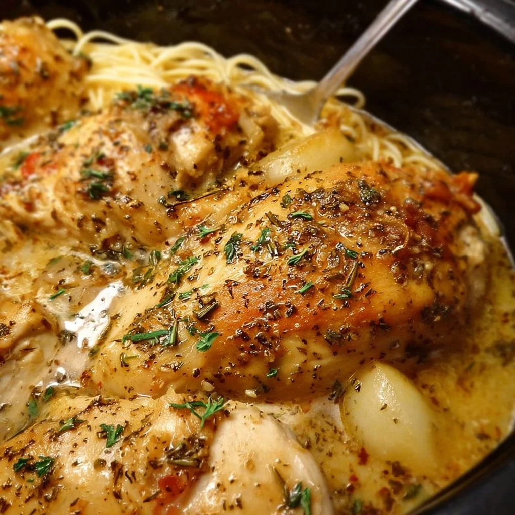 Crock Pot Angel Chicken served with a side of vegetables