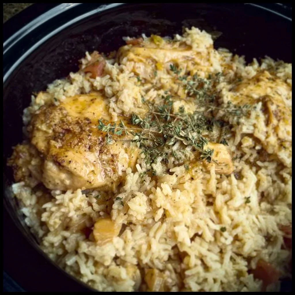 Delicious Crock Pot Chicken and Rice served in a bowl