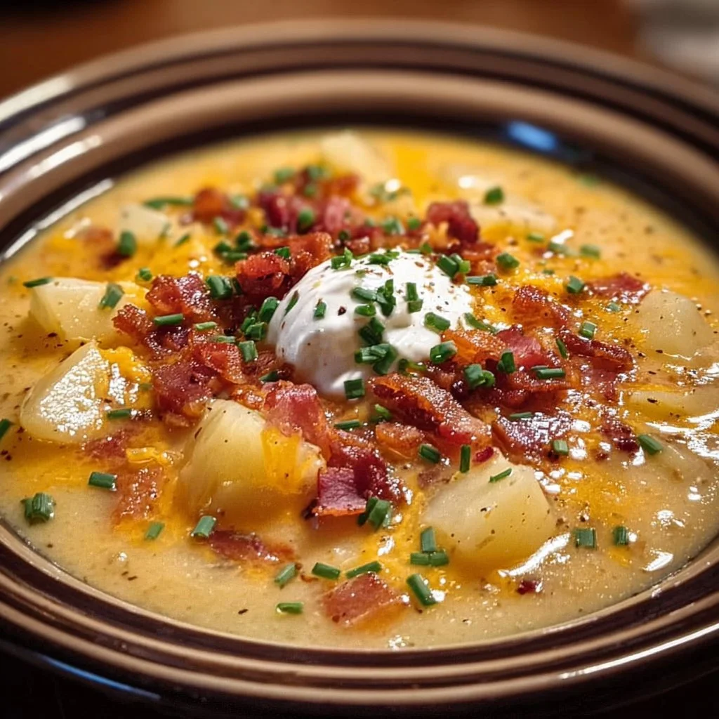 Creamy Crock Pot Crack Potato Soup served in a bowl with toppings