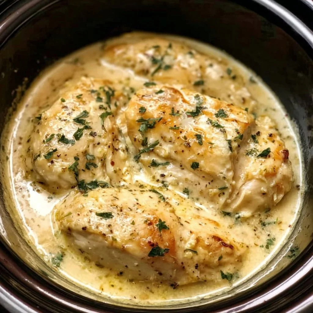 Delicious crockpot creamy garlic parmesan chicken served in a bowl