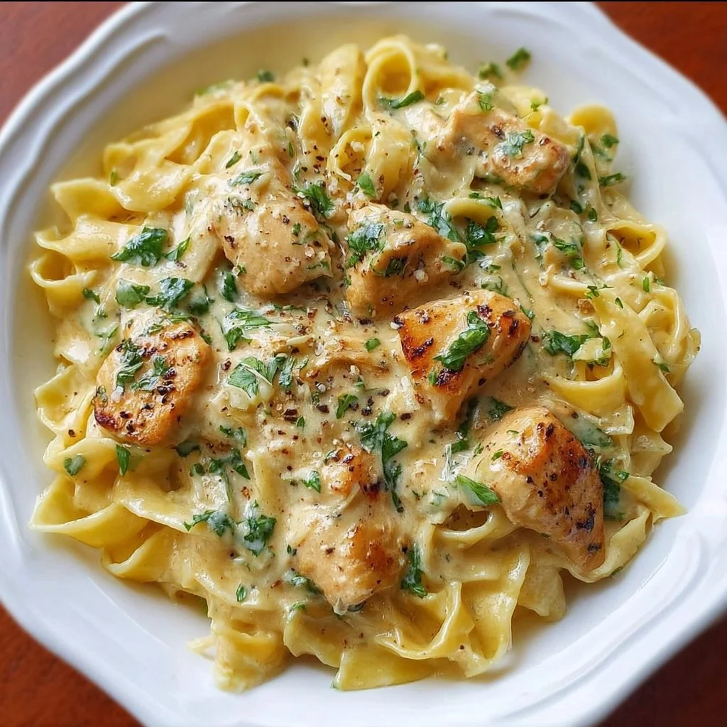 Creamy dairy-free Chicken Alfredo pasta dish with grilled chicken and parsley garnish.