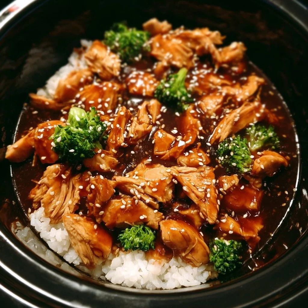 Delicious Dump and Go Crockpot Teriyaki Chicken ready to serve.