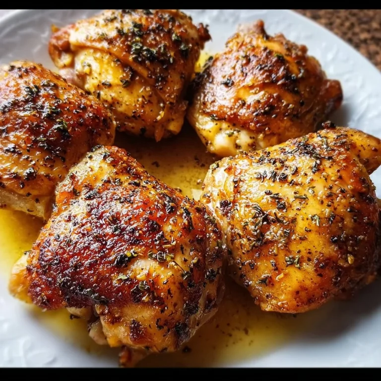 Easy baked boneless skinless chicken thighs on a plate garnished with herbs