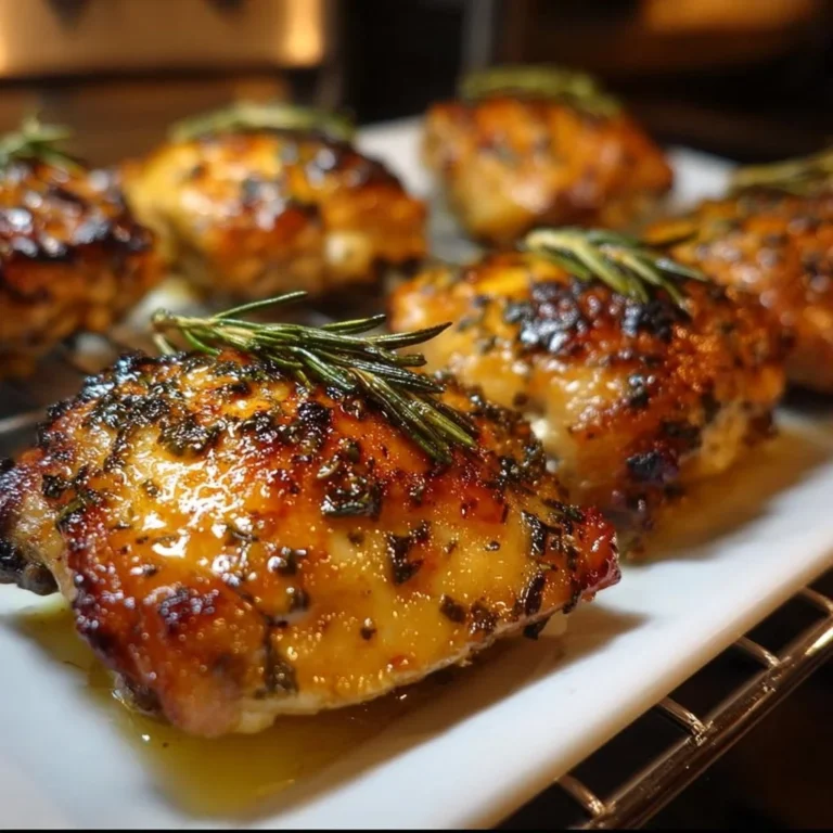Juicy baked chicken thighs on a plate with herbs and spices