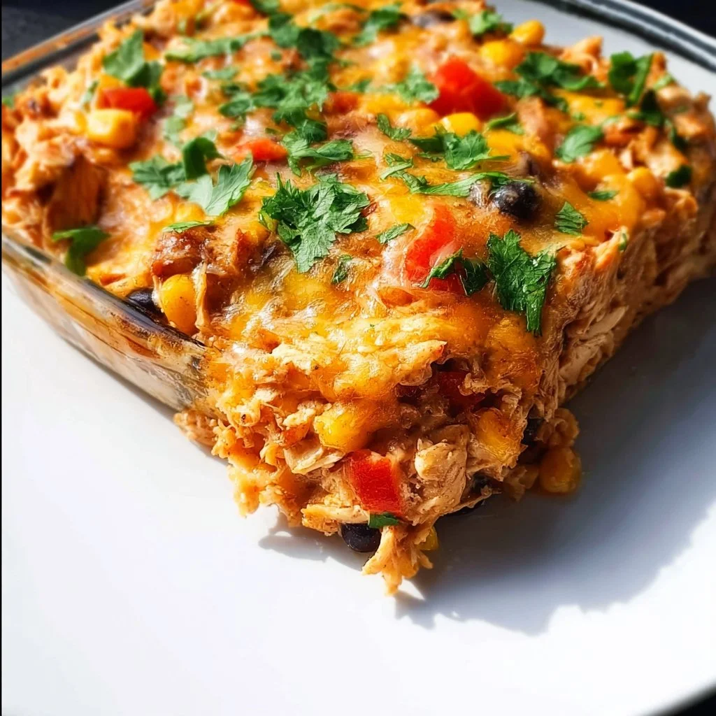 Delicious easy chicken burrito casserole served in a baking dish