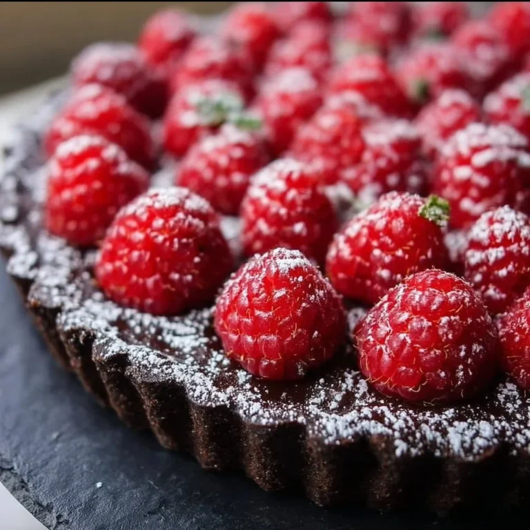 Delicious easy chocolate raspberry tart topped with fresh raspberries and chocolate.