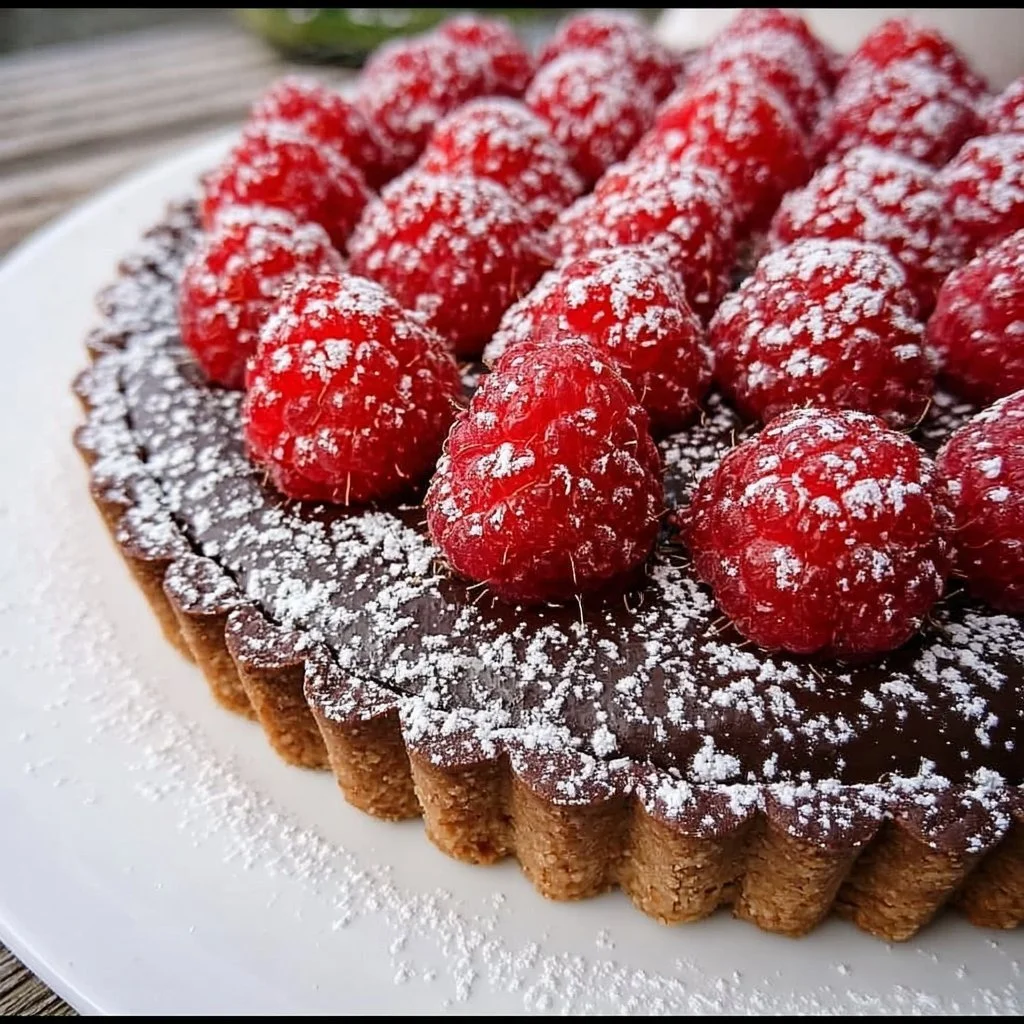 Delicious easy chocolate raspberry tart topped with fresh raspberries