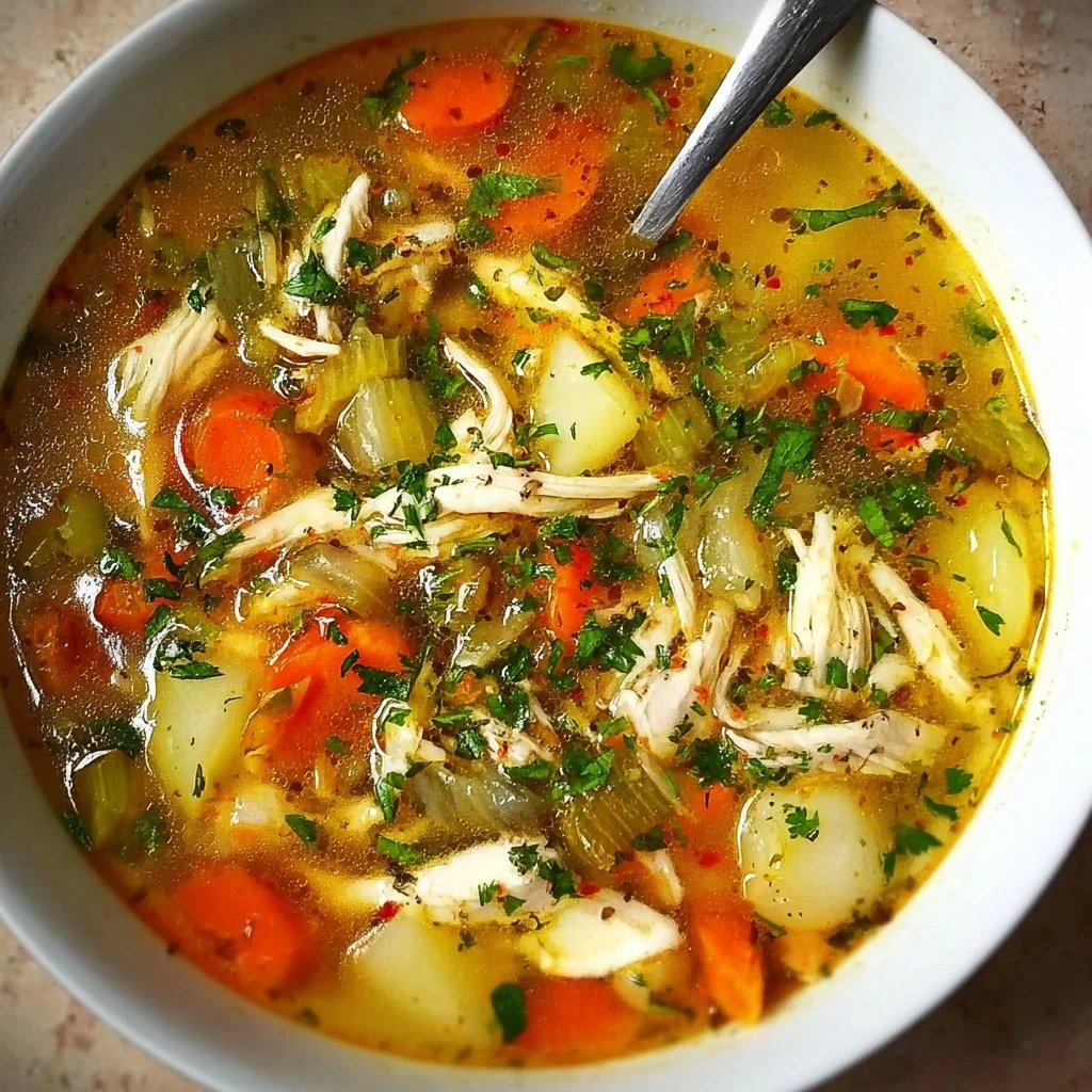 Bowl of easy homemade chicken soup garnished with herbs and veggies.