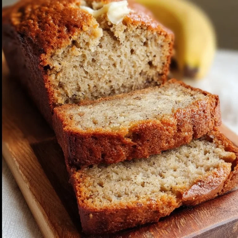 Sliced easy moist banana bread on a wooden board with bananas