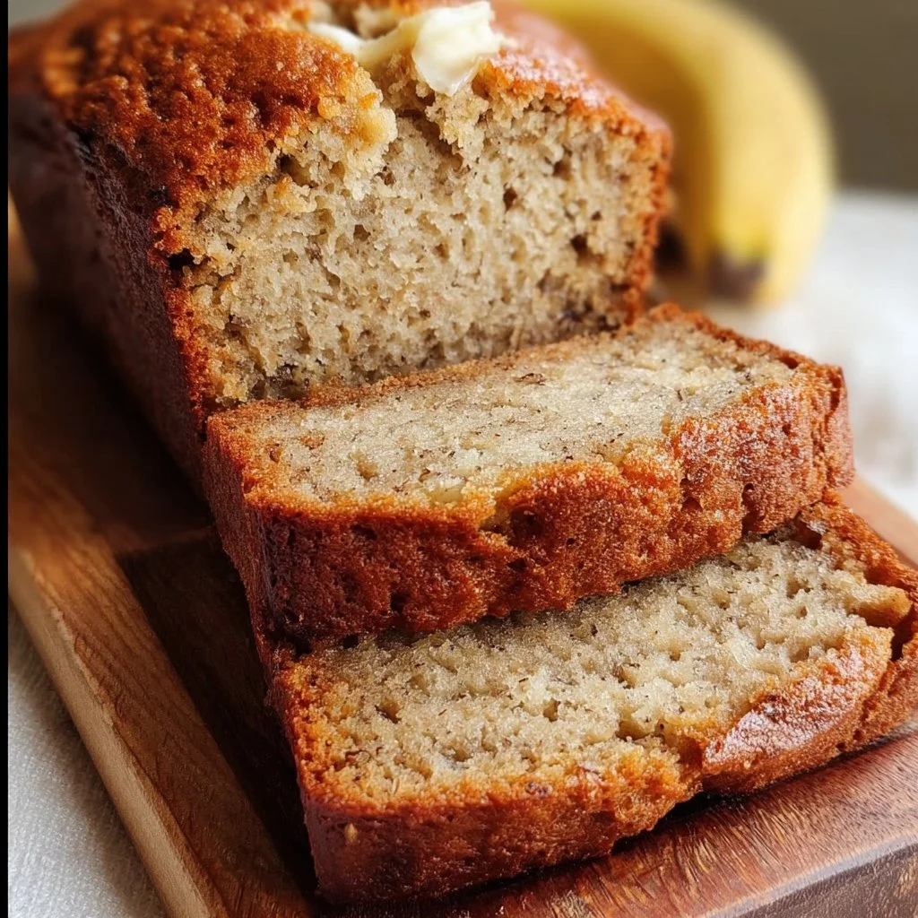 Sliced easy moist banana bread on a wooden board with bananas