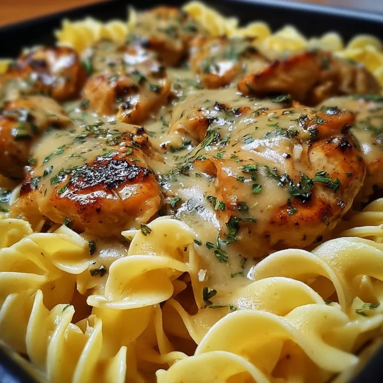 One-pan chicken with buttered noodles served in a vibrant dish