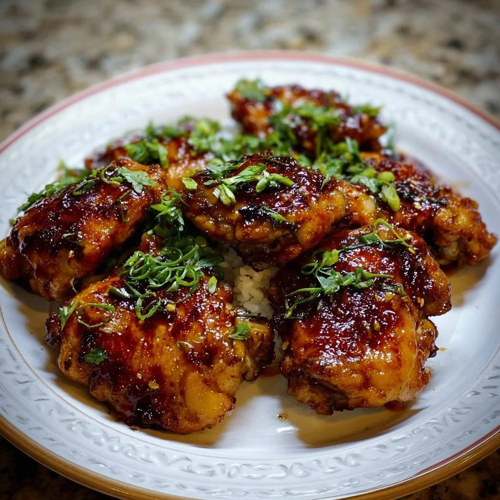 Delicious soy garlic chicken thighs served on a plate with herbs