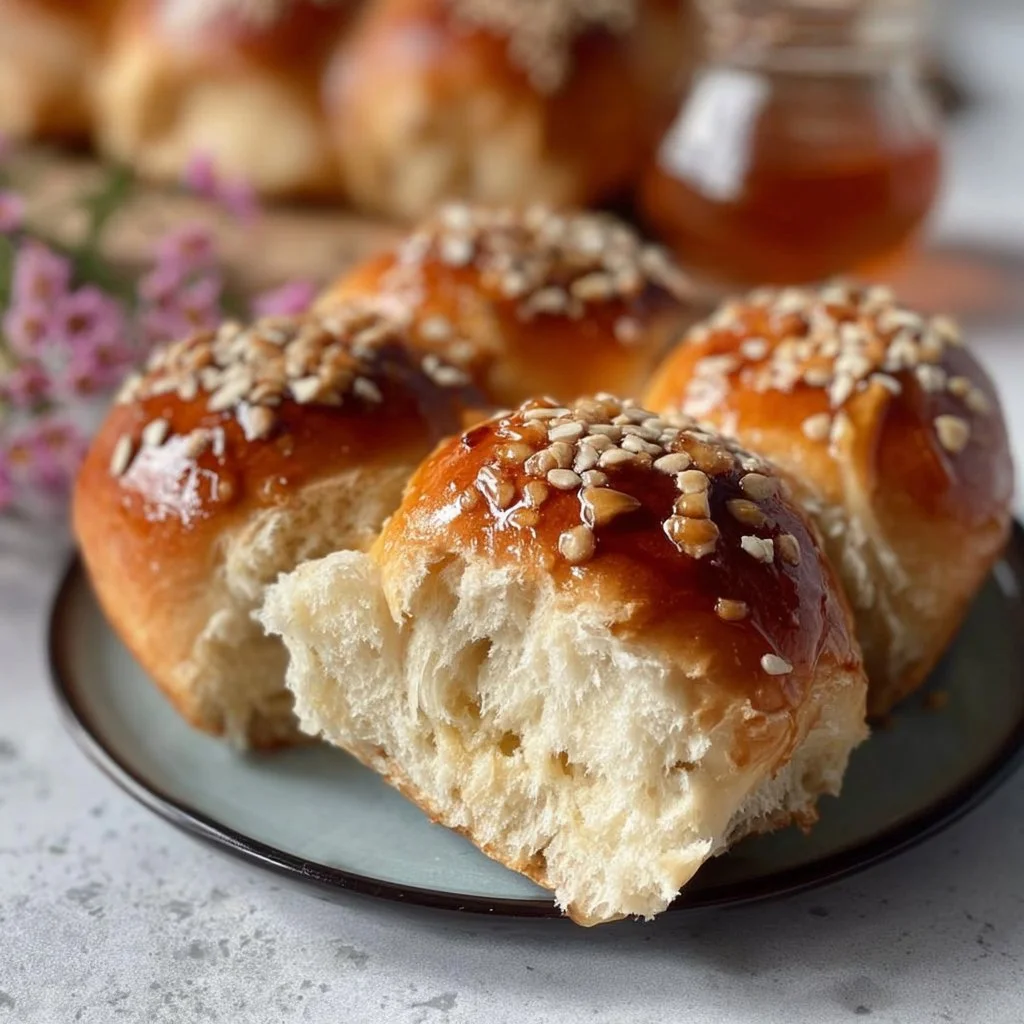Fluffy gluten-free milk honey rolls freshly baked on a baking tray
