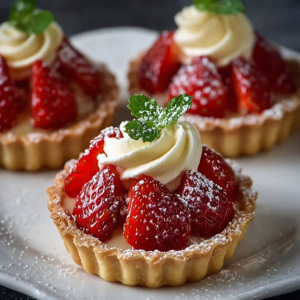 Freshly baked strawberry tartlets topped with vibrant strawberries