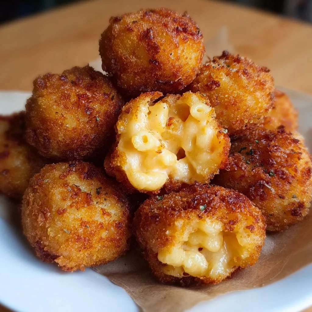 Plate of crispy fried mac and cheese bites, golden and delicious.
