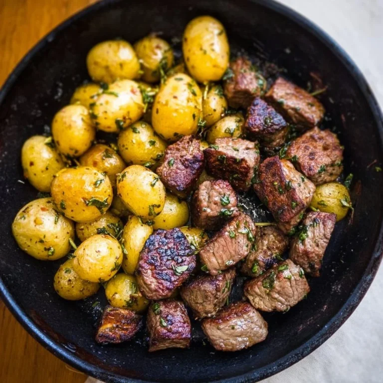 Delicious Garlic Butter Steak Bites served with roasted potatoes
