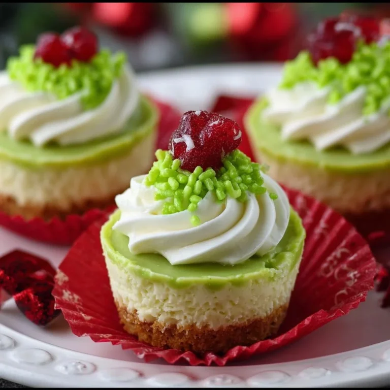 Grinch mini cheesecakes decorated with festive toppings for holiday treats