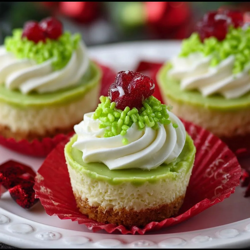 Grinch mini cheesecakes decorated with festive toppings for holiday treats